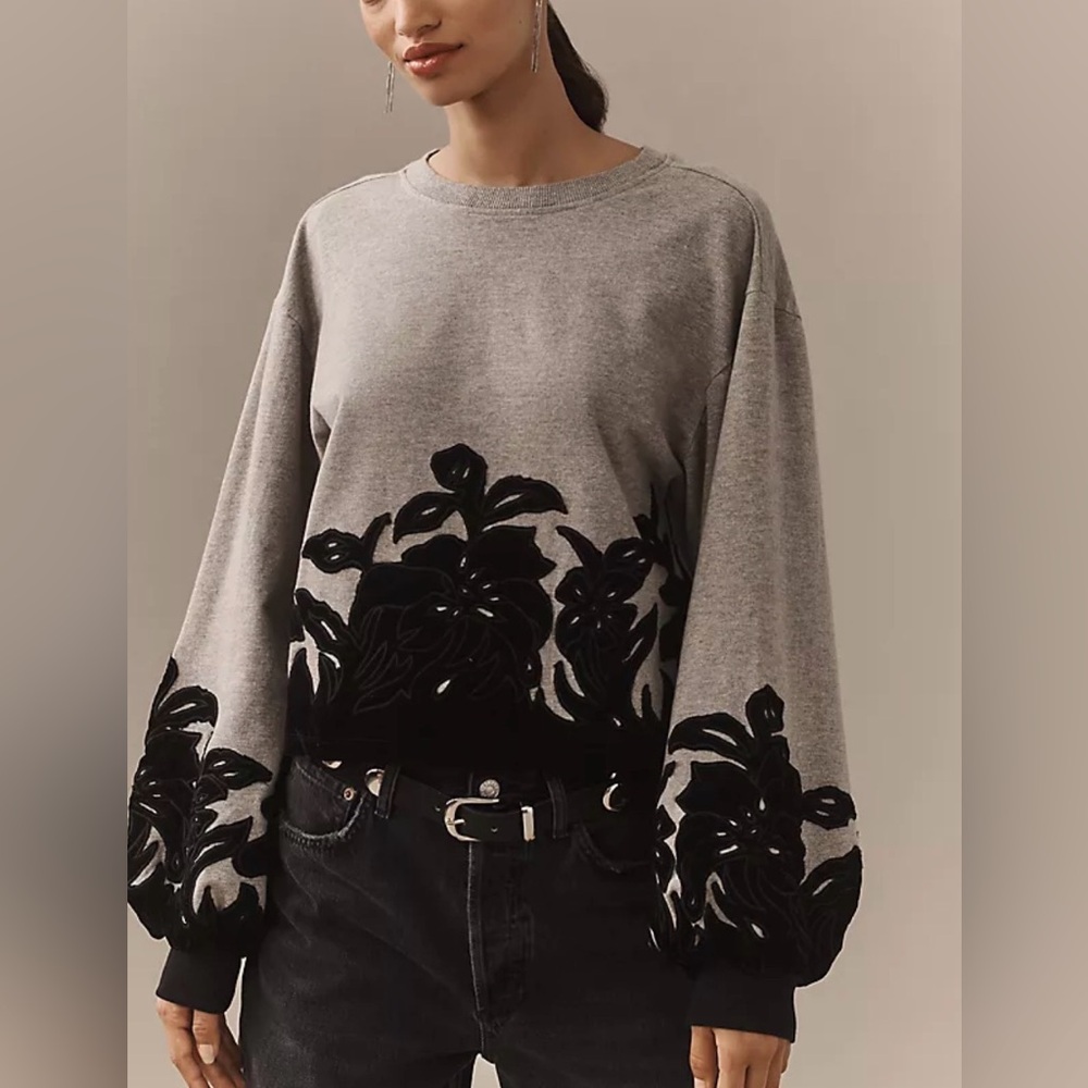 Anthropologie Gray Velvet Floral Applique  Sweater Size 2XS